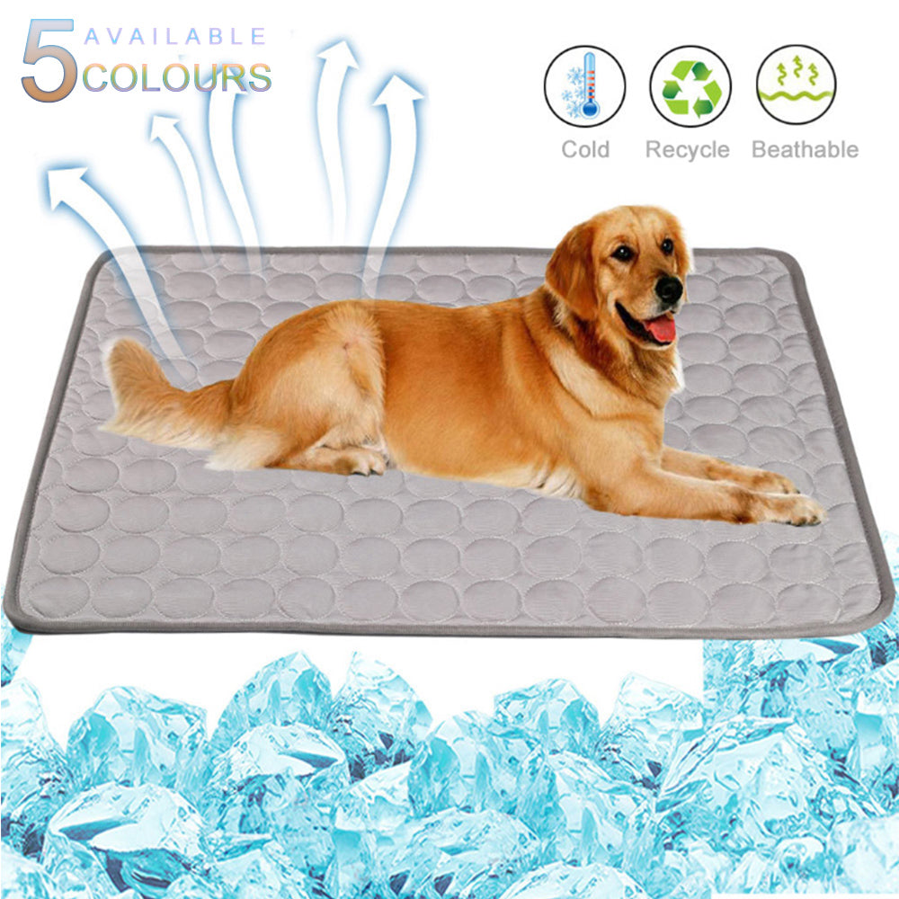 Dog lying on a cooling pad with ice cubes and features listed above.