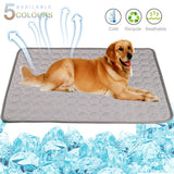 Dog lying on a cooling pad with ice cubes and features listed above.
