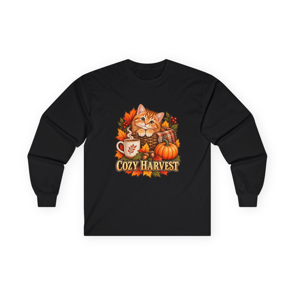Black long-sleeve T-shirt with a Cozy Harvest orange kitten, pumpkin, coffee mug and autumn leaves design