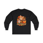 Black long-sleeve T-shirt with a Cozy Harvest orange kitten, pumpkin, coffee mug and autumn leaves design