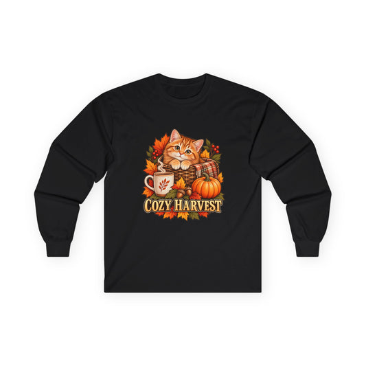 Black long-sleeve T-shirt with a Cozy Harvest orange kitten, pumpkin, coffee mug and autumn leaves design