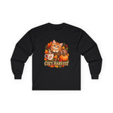 Black long-sleeve T-shirt with a Cozy Harvest orange kitten, pumpkin, coffee mug and autumn leaves design