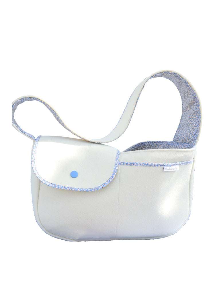 White bag with blue accents on a white background