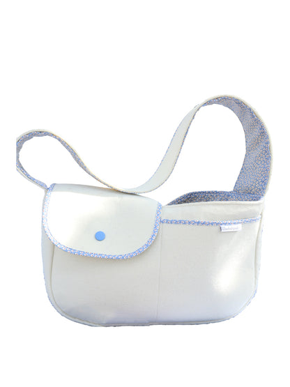 White bag with blue accents on a white background