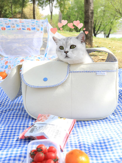 Cat sitting inside a white bag with blue accents on a picnic blanket outdoors.
