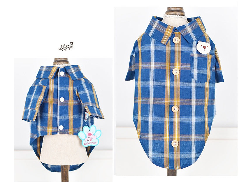 Blue and yellow plaid dog shirt on a mannequin with a white background
