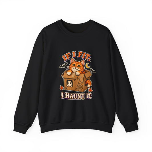 If I Fit I Haunt It Halloween cat sweatshirt in black
Orange tabby in haunted cardboard box on Halloween sweatshirt