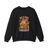 If I Fit I Haunt It Halloween cat sweatshirt in black
Orange tabby in haunted cardboard box on Halloween sweatshirt