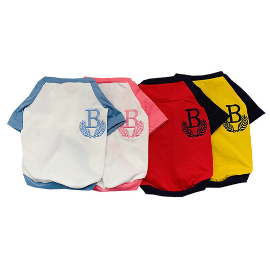 Four dog shirts with 'B' monogram on a white background