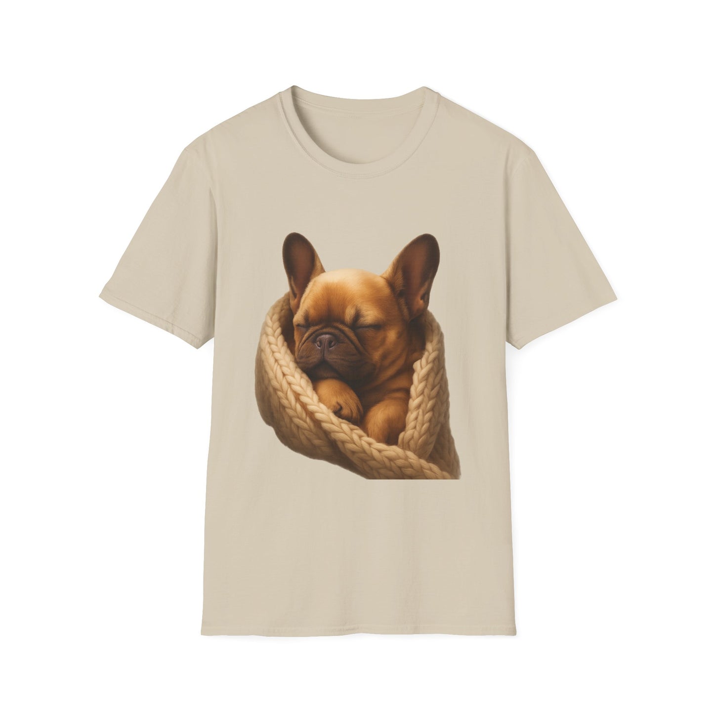 Beige t-shirt with a dog design on a white background