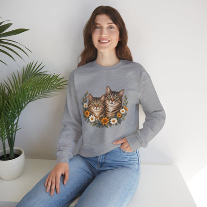 Sport Grey sweatshirt featuring two tabby cats surrounded by wildflowers