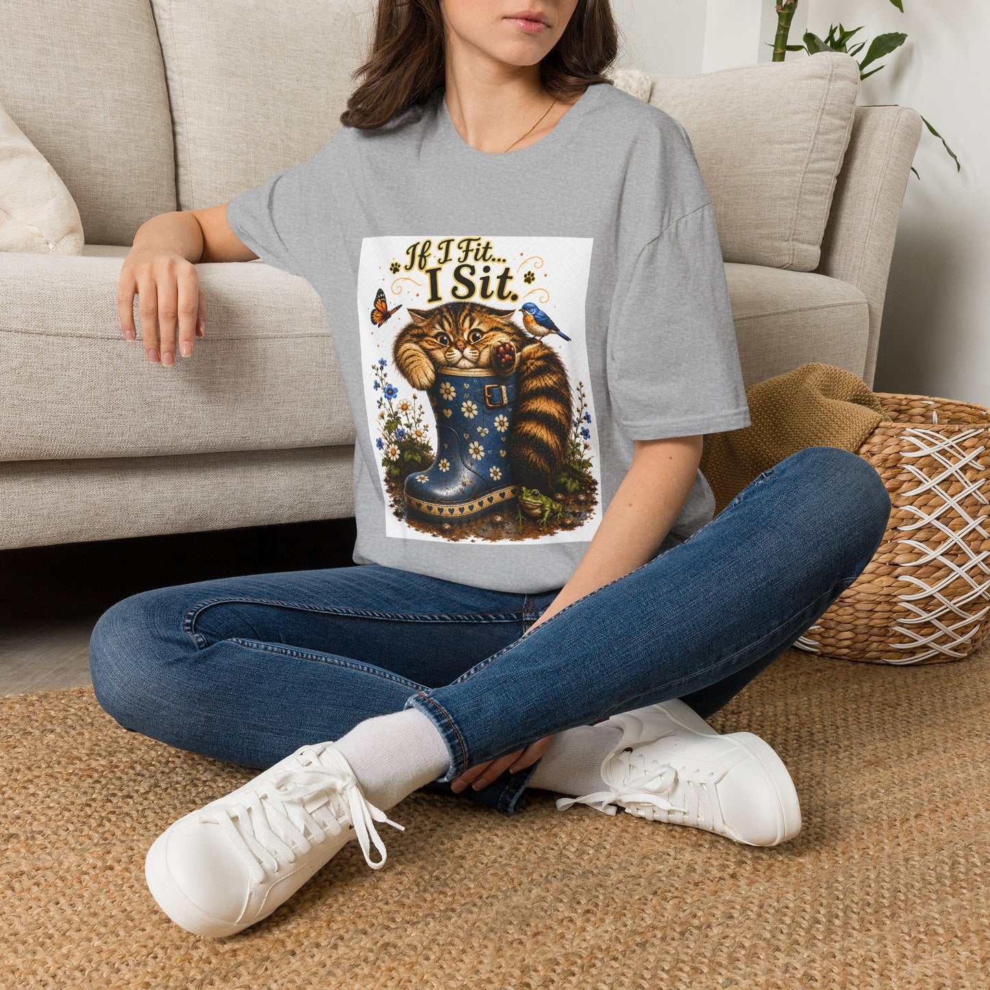If I Fit... I Sit | Rain Boot Cat Shirt | Funny Gardening Kitty Tee | Cute Cat Lover Gif