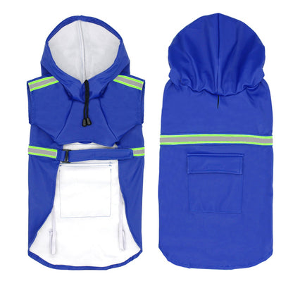 Blue dog raincoat with reflective stripes on a white background