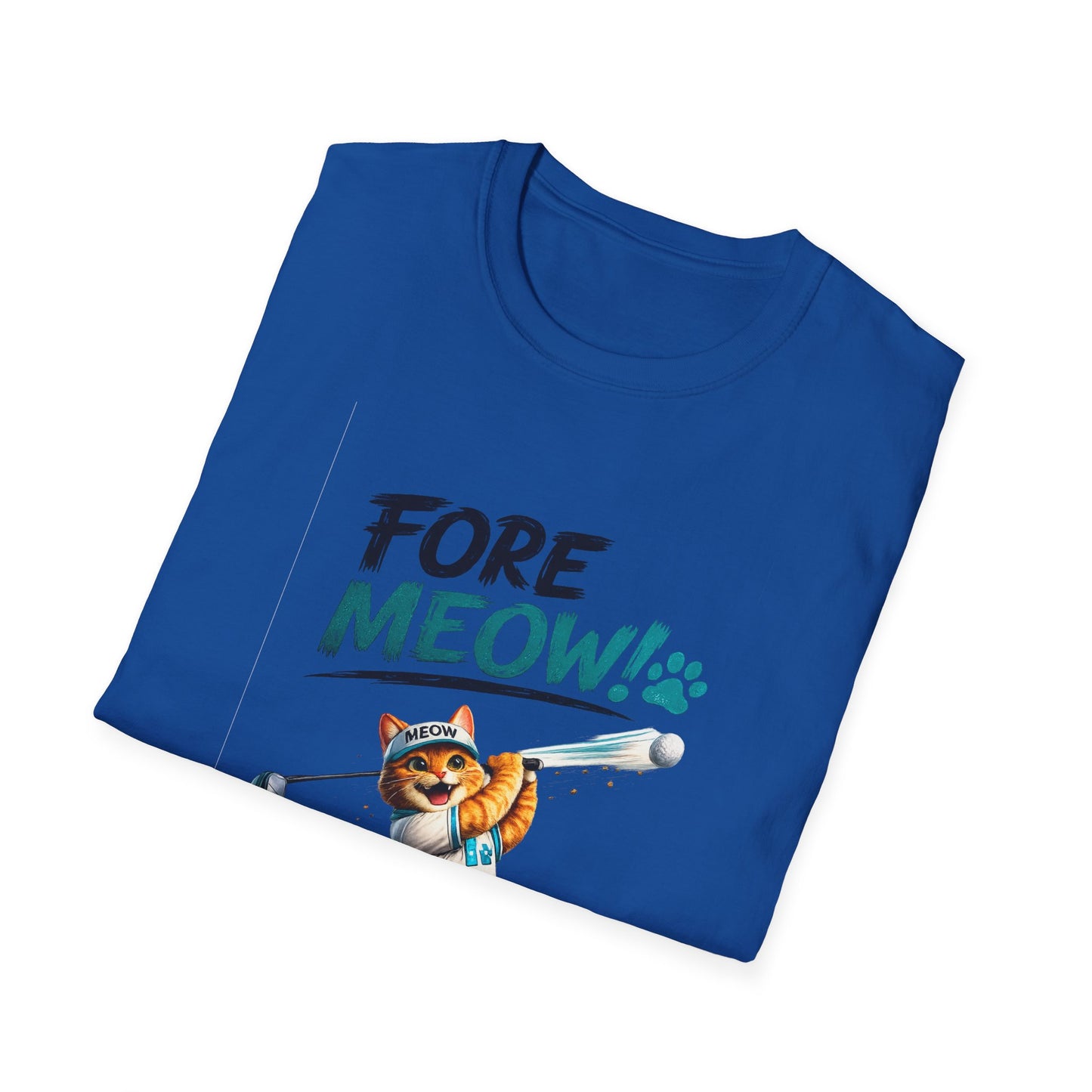 A folded royal blue t-shirt on a white background, featuring a graphic print of an orange tabby cat wearing a golf headband and hitting a golf ball. The text 'FORE MEOW!' is printed above the cat, with 'FORE' in black and 'MEOW!' in green.