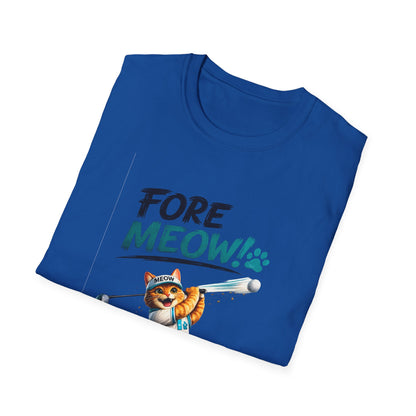 A folded royal blue t-shirt on a white background, featuring a graphic print of an orange tabby cat wearing a golf headband and hitting a golf ball. The text 'FORE MEOW!' is printed above the cat, with 'FORE' in black and 'MEOW!' in green.