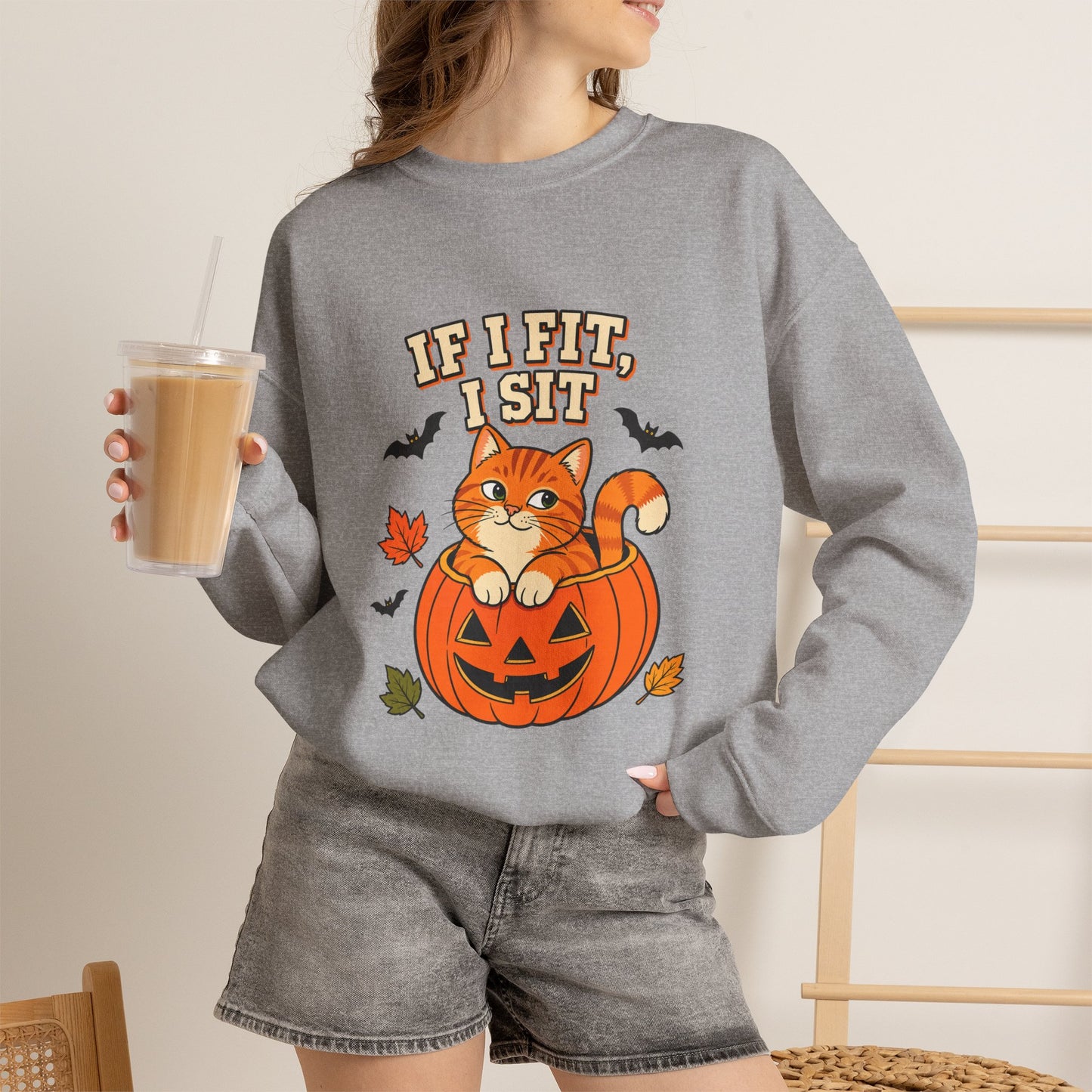 If I Fit, I Sit Halloween Cat Sweatshirt – Pumpkin Cat Crewneck