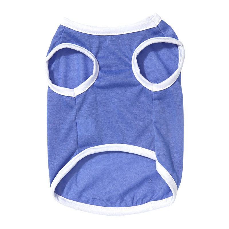 Blue pet shirt with white trim on a white background