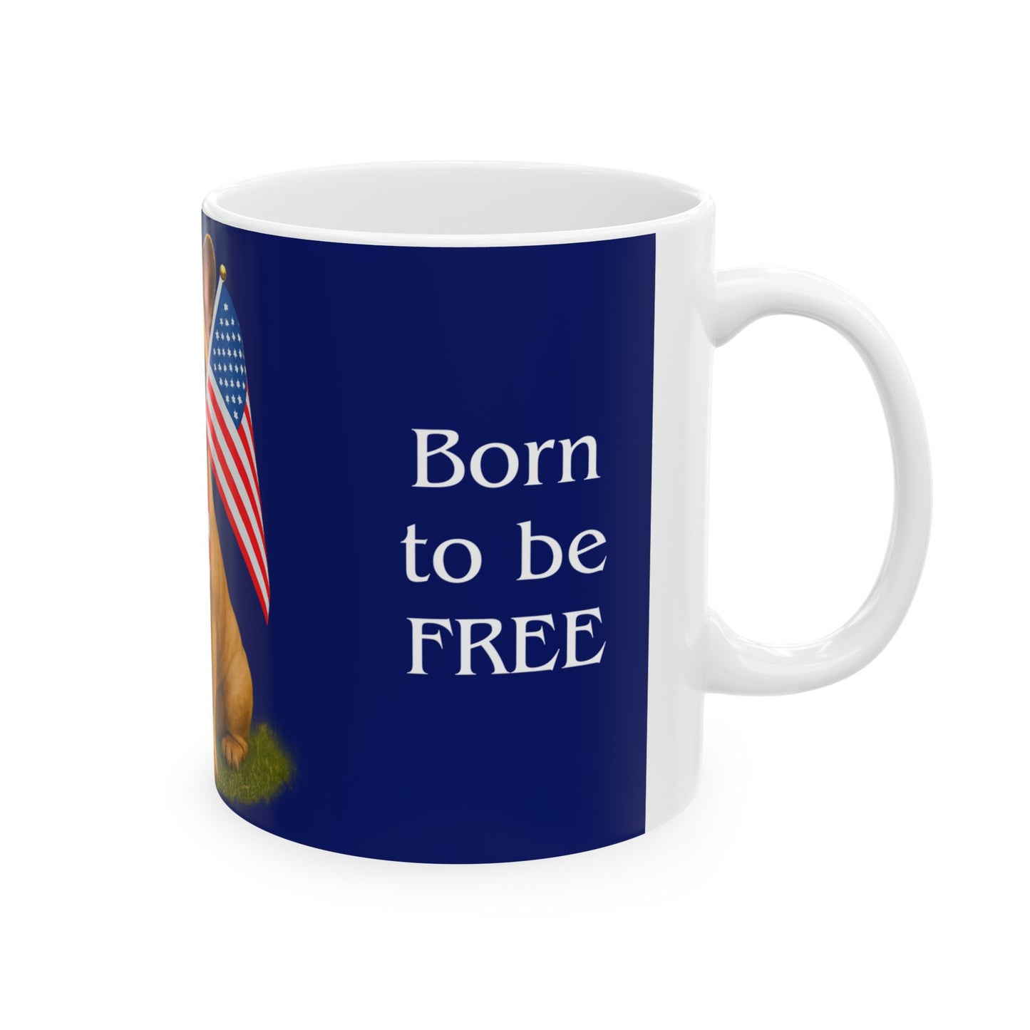 Mug with 'Born to be FREE' text and American flag design on a blue background