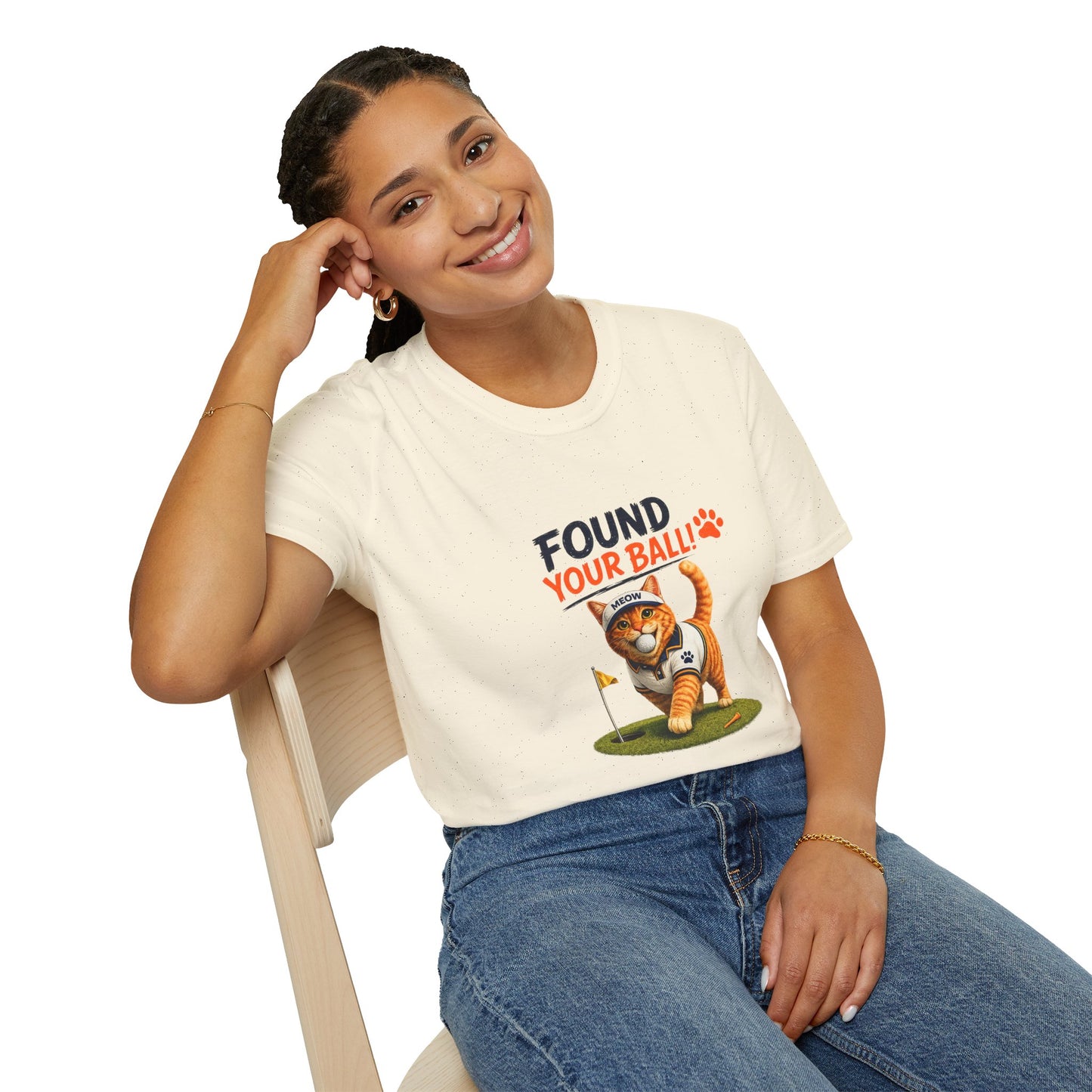 Found Your Ball funny cat golf T-shirt with orange tabby carrying a golf ball-natural