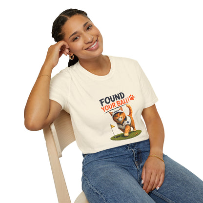 Found Your Ball funny cat golf T-shirt with orange tabby carrying a golf ball-natural