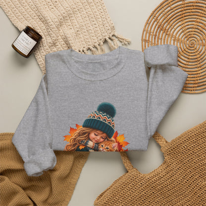 Folded sport grey Golden Moments girl and kitten sweatshirt styled with neutral knit accessories
