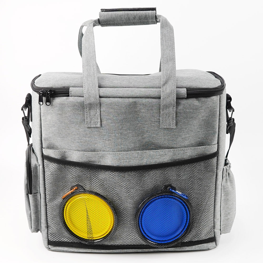Gray cooler bag with yellow and blue pouches on a white background