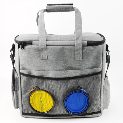 Gray cooler bag with yellow and blue pouches on a white background