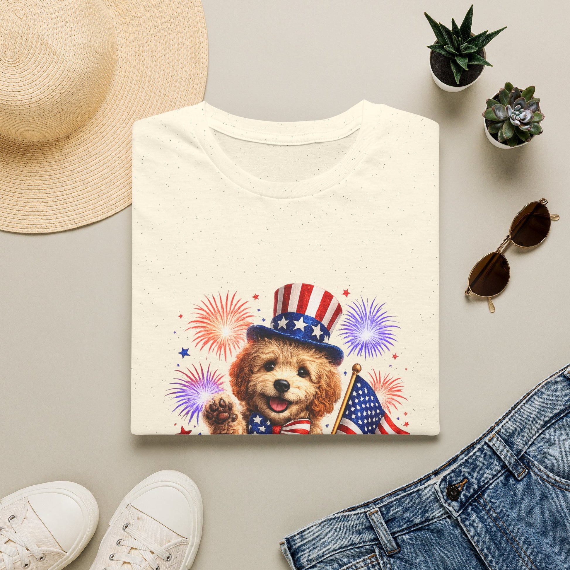 T-shirt with a dog wearing a patriotic hat design, surrounded by a hat, sunglasses, shoes, and plants on a light gray background.