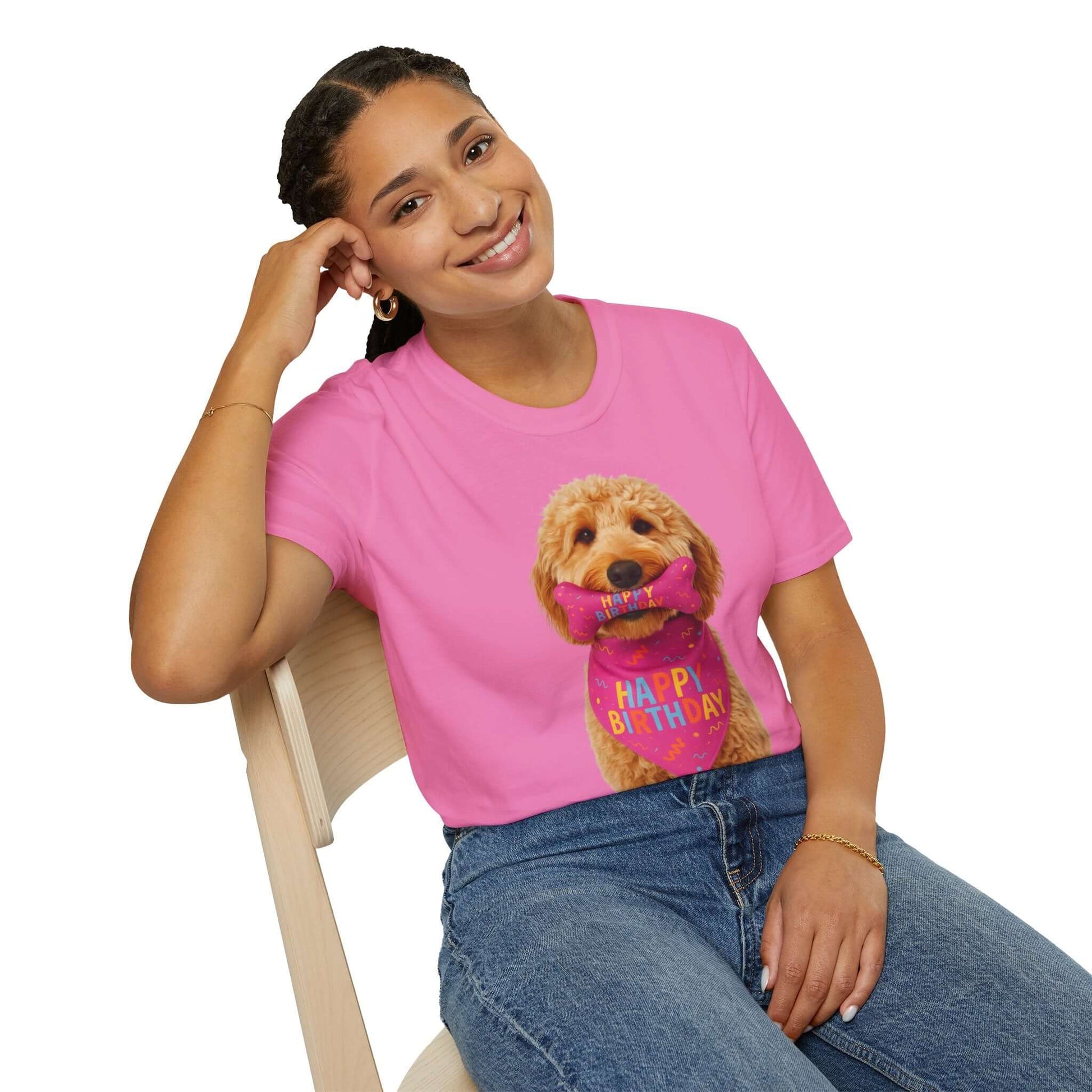 Birthday Dog T-Shirt featuring a cute dog wearing a birthday bow, perfect pet supplies for dogs and cats.