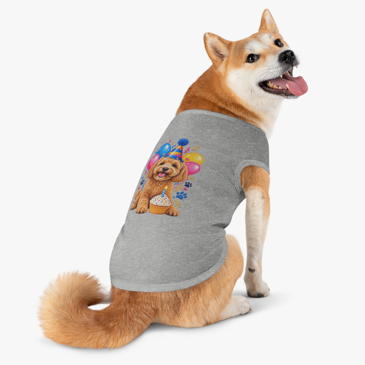Heather dog birthday shirt with puppy and balloon design