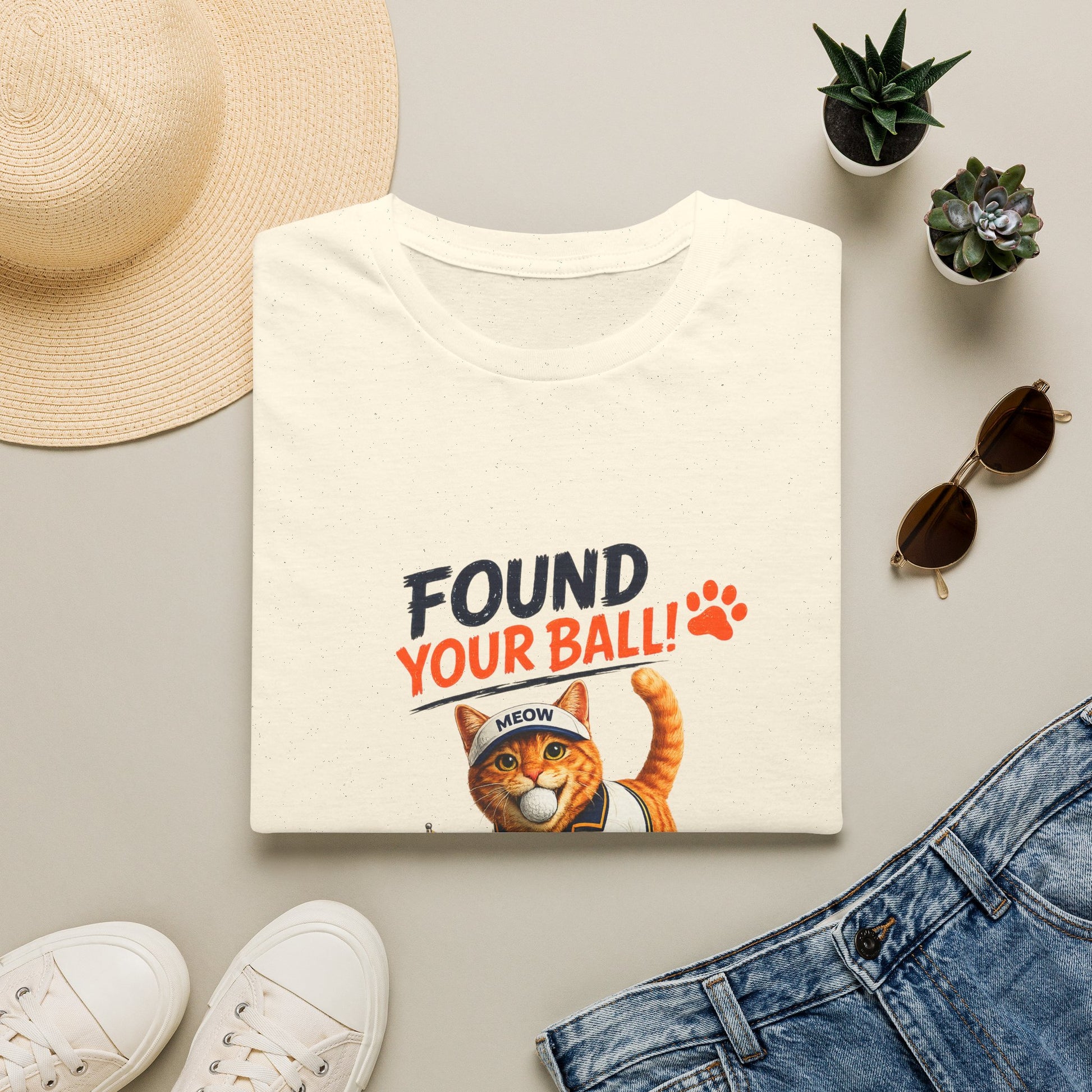 A folded cream-colored graphic t-shirt is displayed in a styled flat-lay arrangement on a light gray surface. The shirt features a humorous graphic with the text 'FOUND YOUR BALL!' in dark blue and orange, alongside an illustration of an orange tabby cat wearing a headband that says 'MEOW'.
