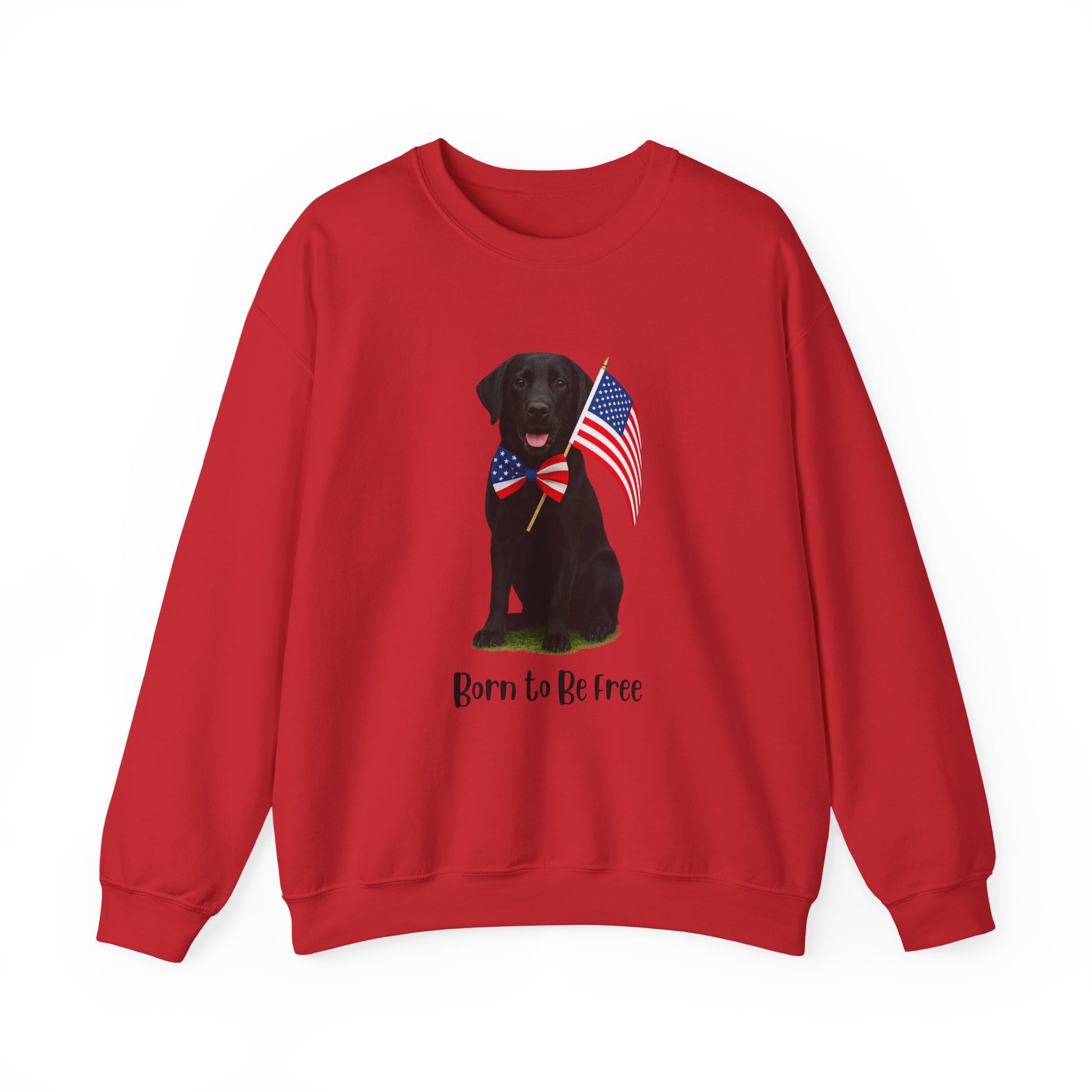 Red sweatshirt with a black dog holding an American flag and 'Born to Be Free' text on a white background