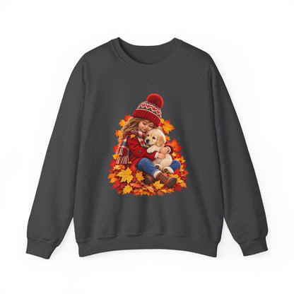 Dark Heather crewneck sweatshirt featuring a little girl cuddling a golden retriever puppy among autumn leaves