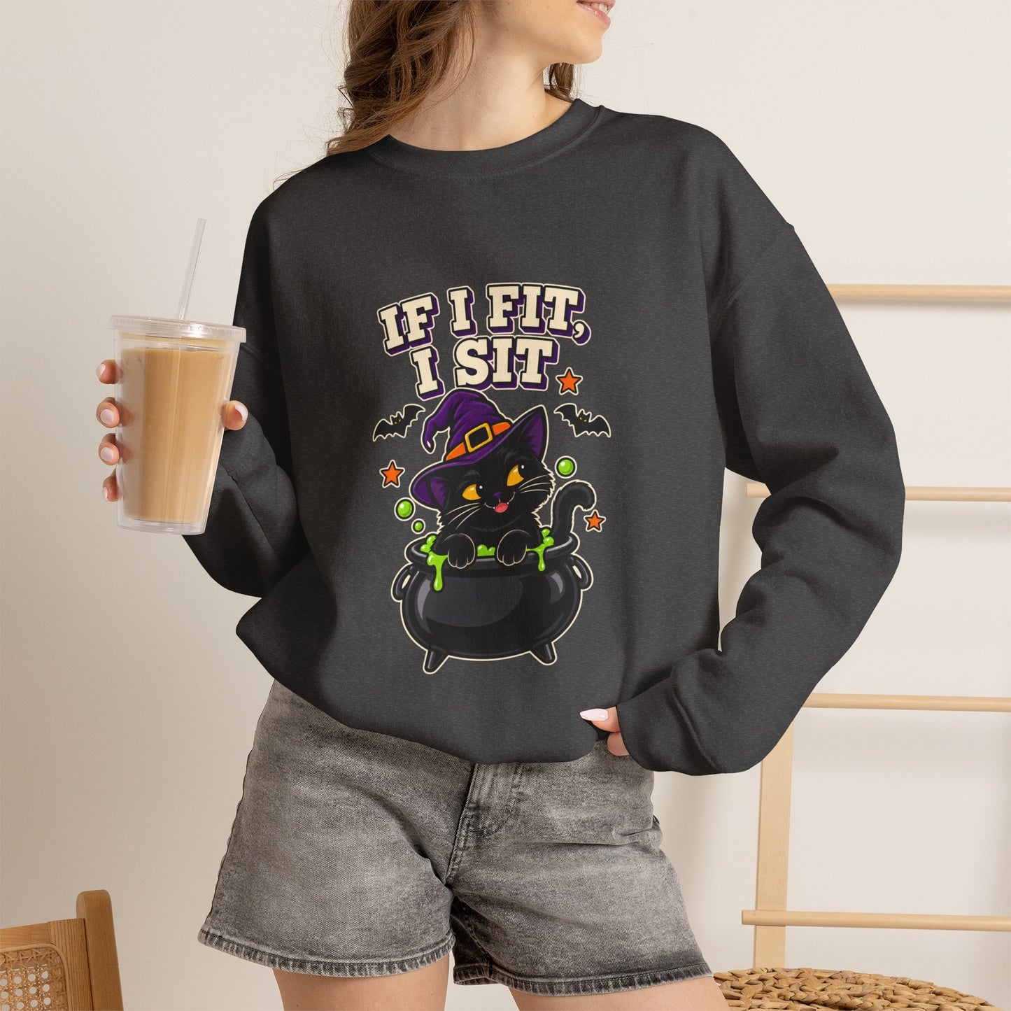 If I Fit, I Sit Witch Cat Halloween Sweatshirt – Cauldron Cat Crewneck