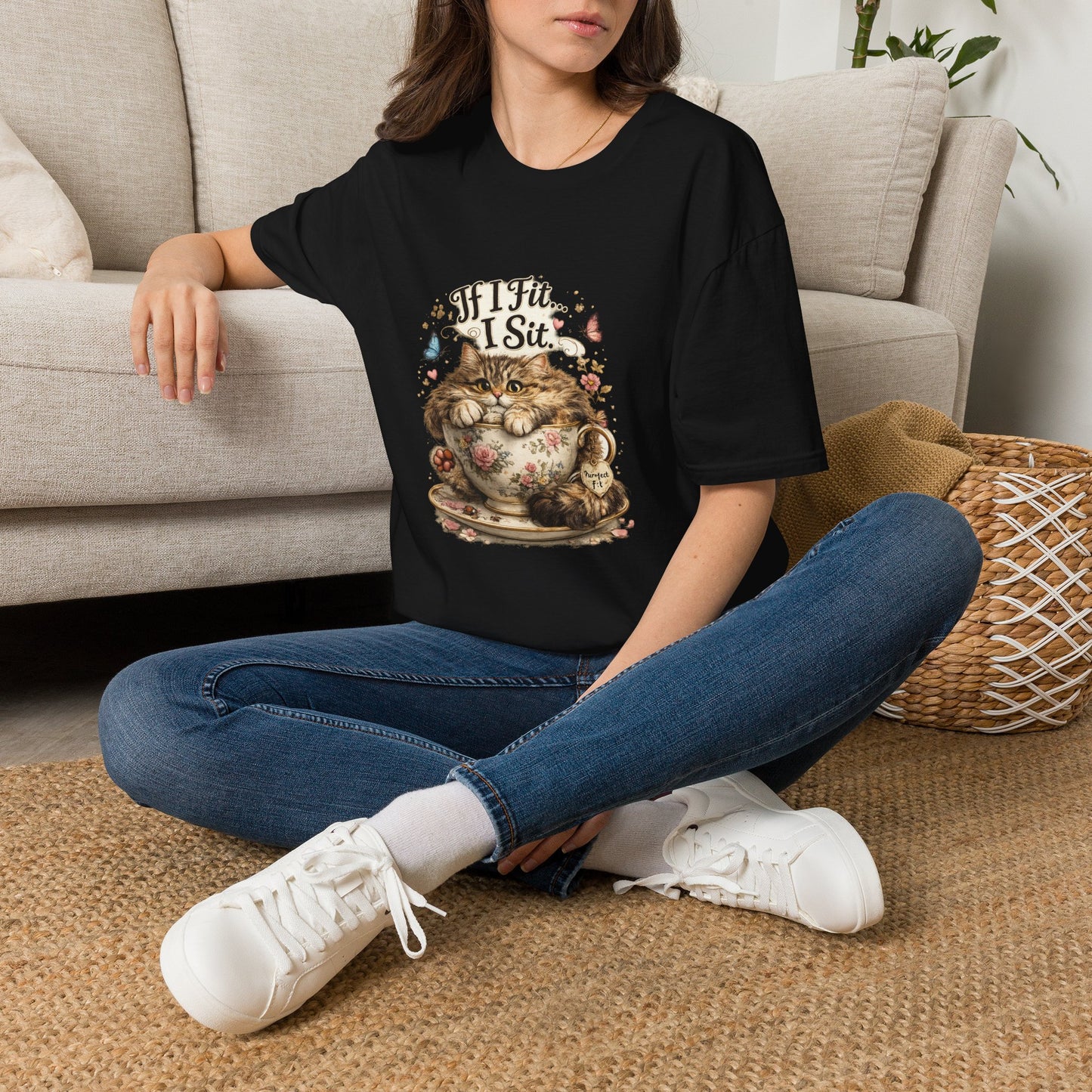 If I Fit... I Sit.™ Coffee Cup Cat Shirt | Funny Coffee Lover Kitty Tee | Cute Cat Lover Gift