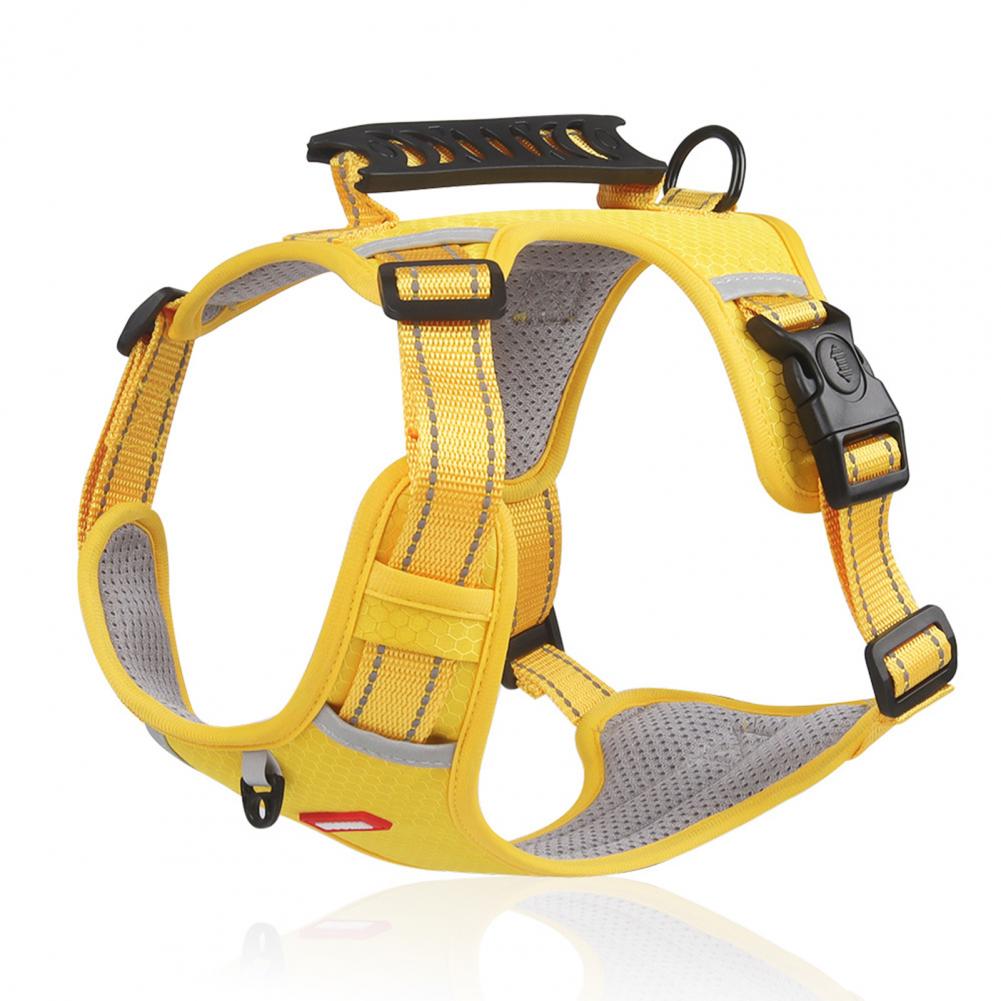 Yellow dog harness with black straps on a white background
