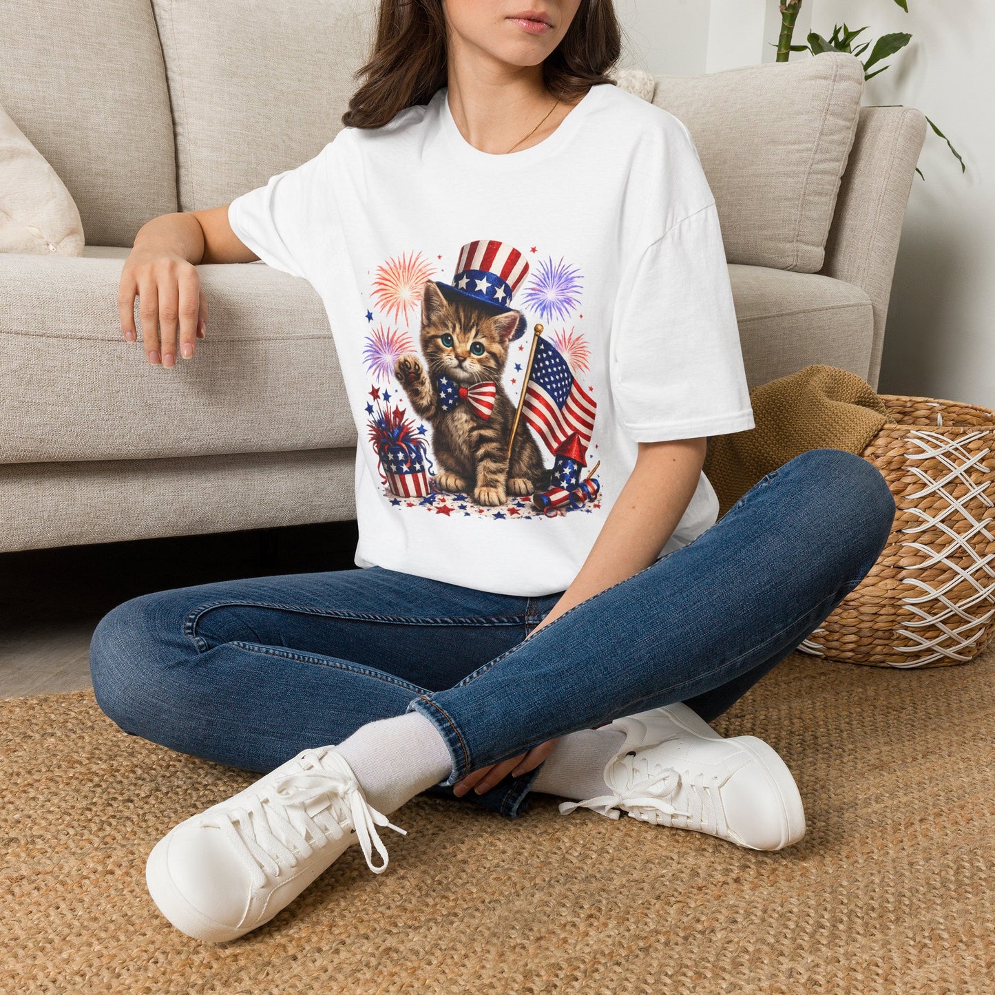 Person wearing a white t-shirt with 'Football is Life! The World Cup is Heaven!' design, sitting on the floor.