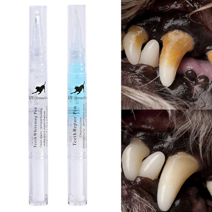Teeth whitening pen with close-up images of dog teeth before and after use on a white background.