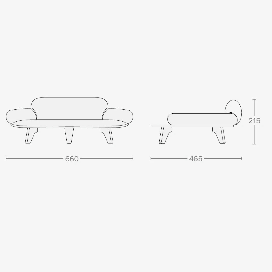 Line drawing of a sofa and a chair with dimensions on a white background