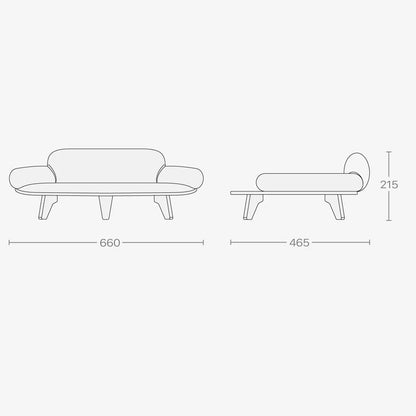 Line drawing of a sofa and a chair with dimensions on a white background