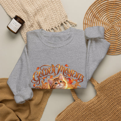 Unisex fall kitten crewneck sweatshirt with glowing autumn leaves, flowers and harvest pumpkin
