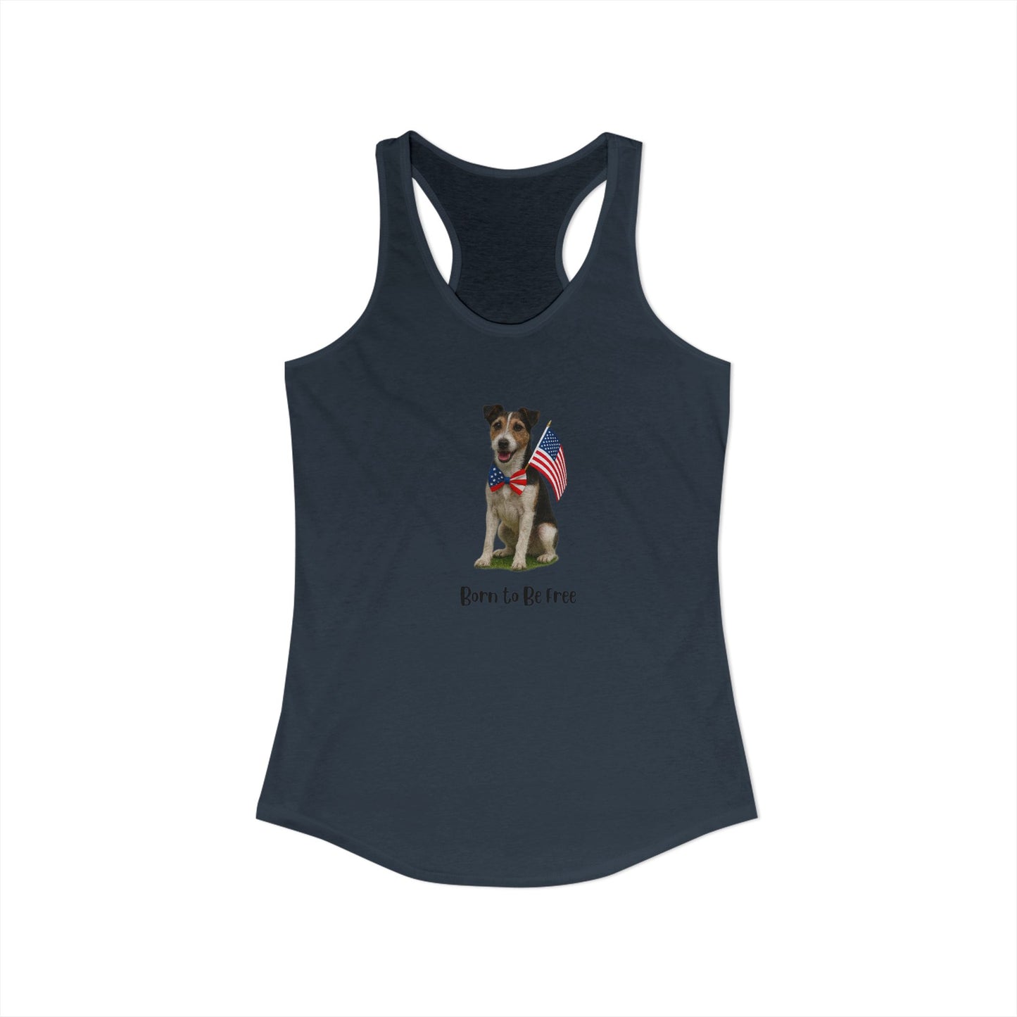 Navy tank top with a dog graphic and text on a white background