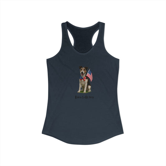 Navy tank top with a dog graphic and text on a white background