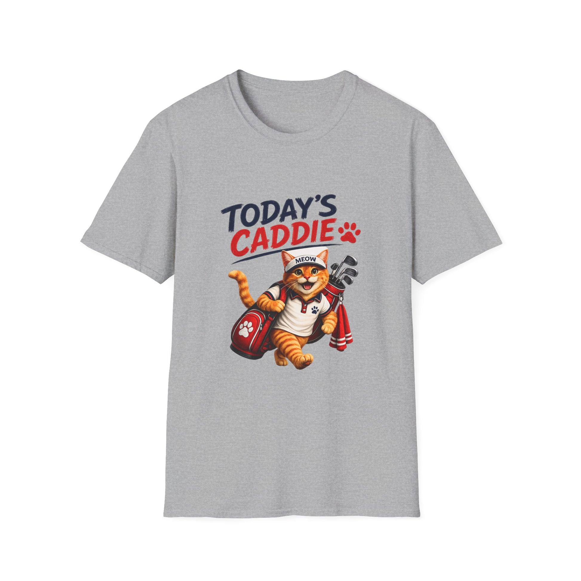 An sport grey short-sleeve crewneck t-shirt featuring a cartoon graphic of an orange tabby cat wearing a cap and holding golf clubs, with the text 'TODAY'S CADDIE' 