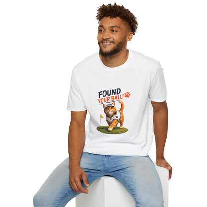 Found Your Ball funny cat golf T-shirt with orange tabby carrying a golf ball-white
