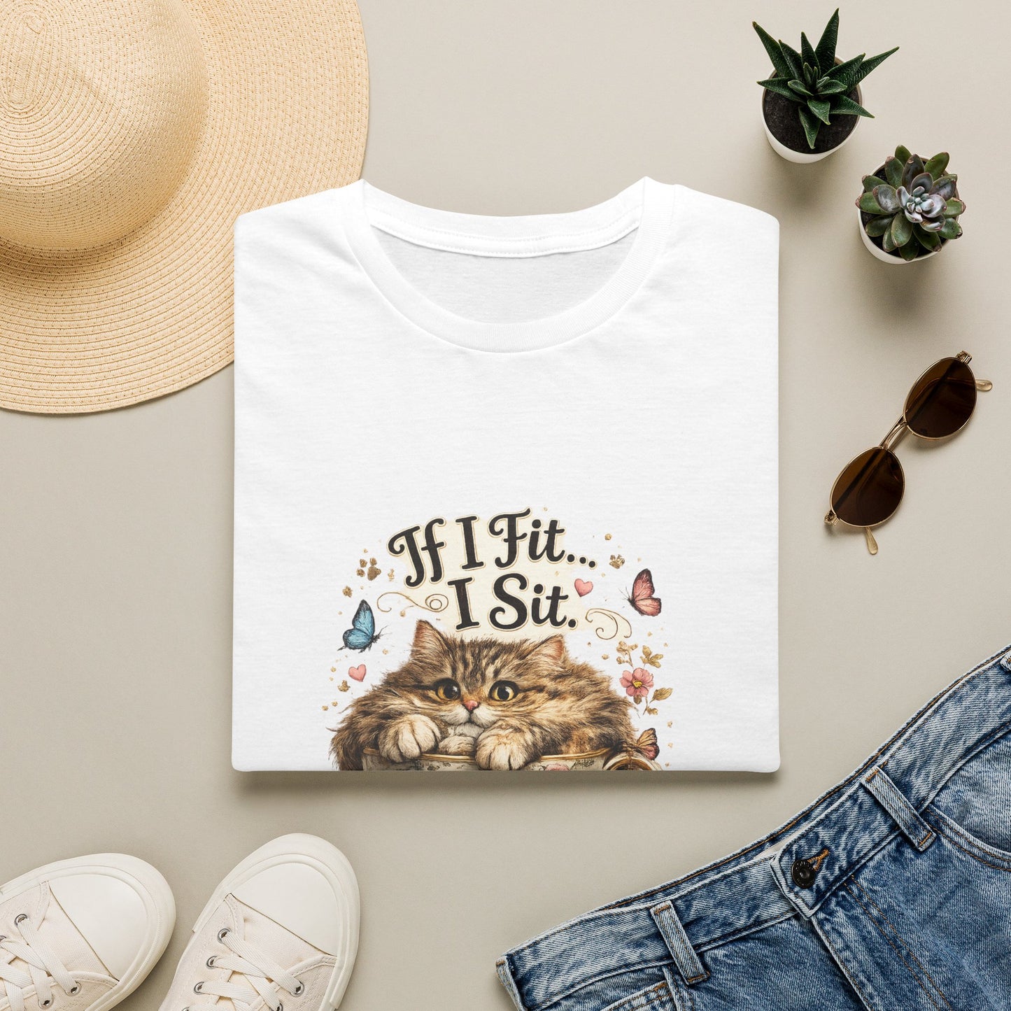 If I Fit... I Sit.™ Coffee Cup Cat Shirt | Funny Coffee Lover Kitty Tee | Cute Cat Lover Gift