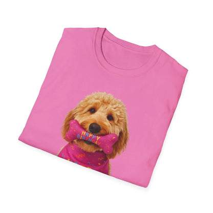 Birthday Dog T-Shirt featuring a cute doodle dog with a birthday bone, perfect pet supplies for dog birthday celebrations.