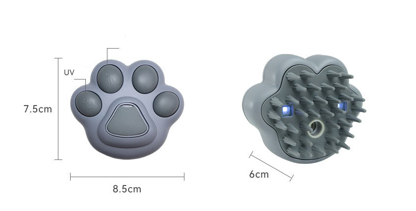 Two gray grooming tools, one shaped like a paw and the other with bristles, on a white background with measurements.