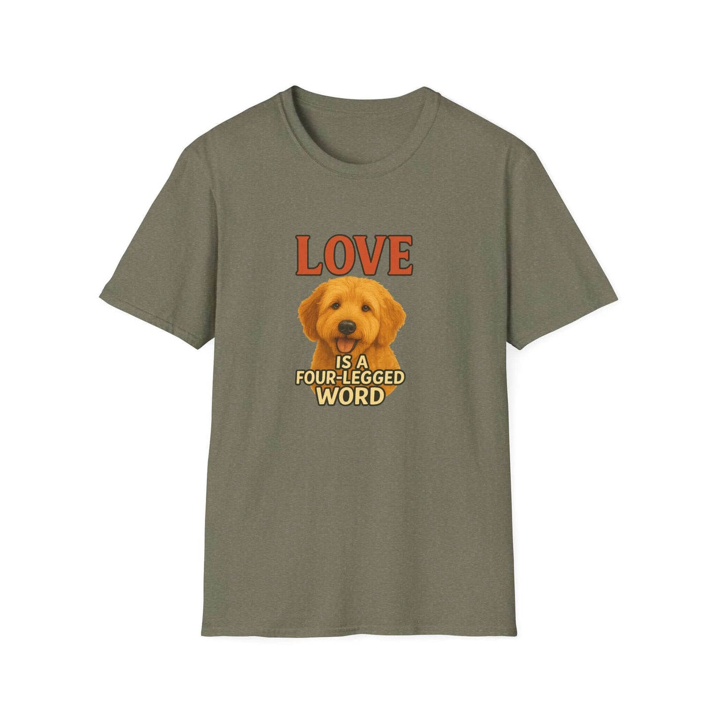 Goldendoodle Tee: "Love Is a Four-Legged Word" for dog lovers, perfect pet supplies and accessories.