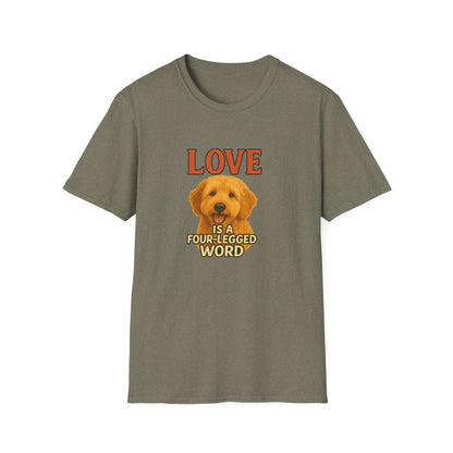 Goldendoodle Tee: "Love Is a Four-Legged Word" for dog lovers, perfect pet supplies and accessories.